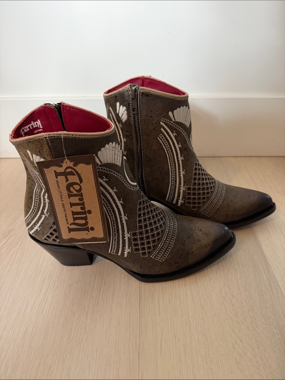 Ferrini Olive Western Ankle Boots with White Embroidery and Pink Lining